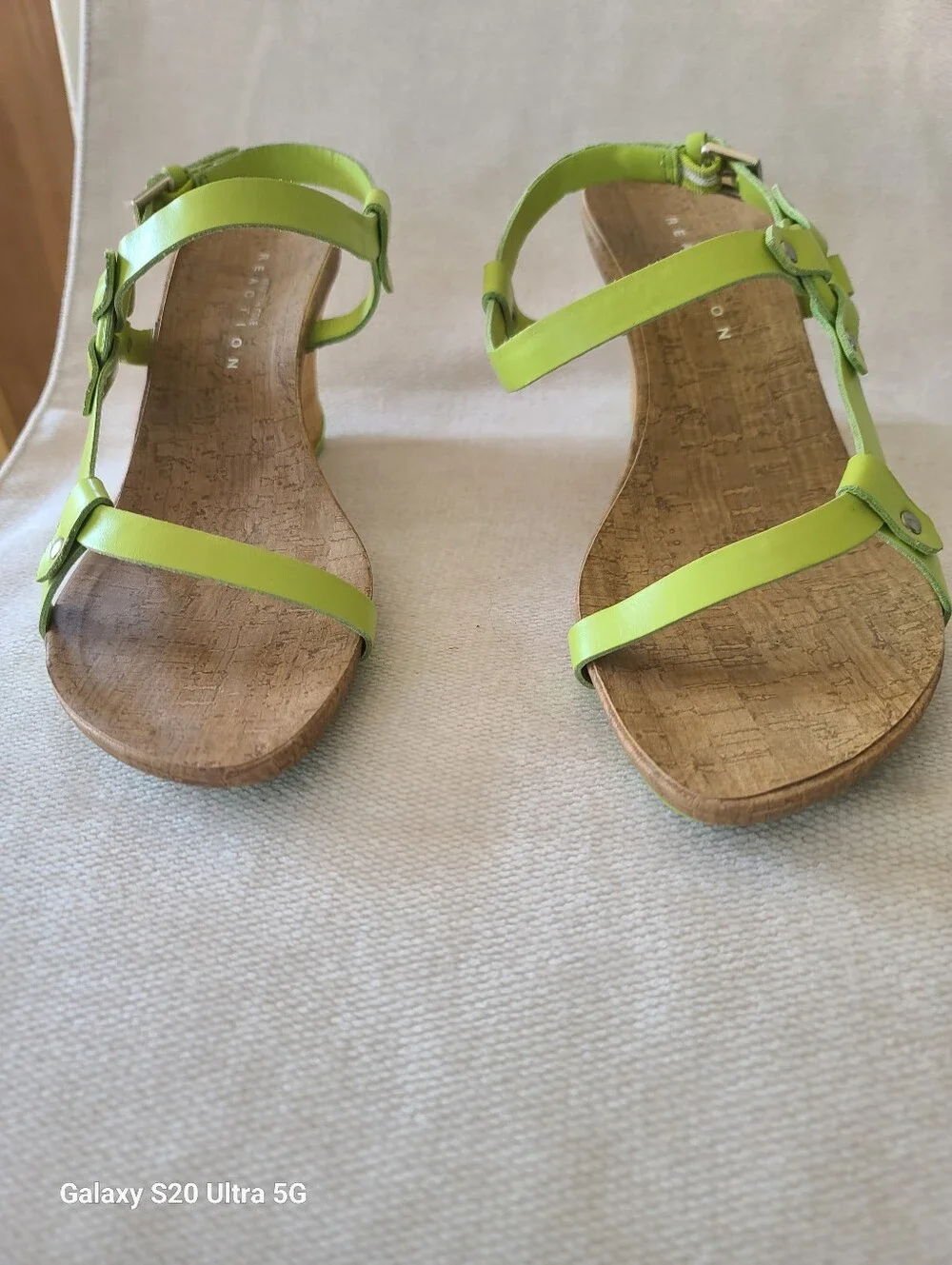 Kenneth COLE Reaction Women’s Lime Green Leather Cork Wedge Sandals